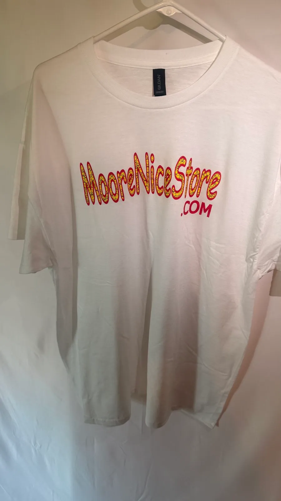 "MooreNiceStore.com" white T-shirt design